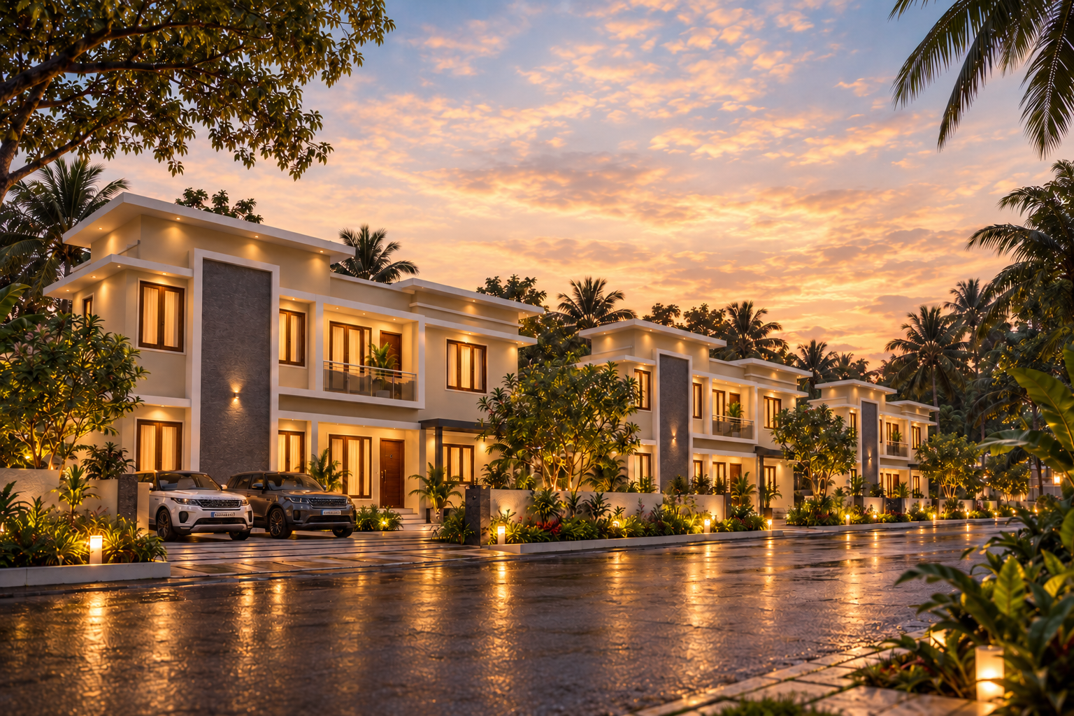 Concept illustration of tropical villas at dusk, with warm lighting and landscaped gardens
